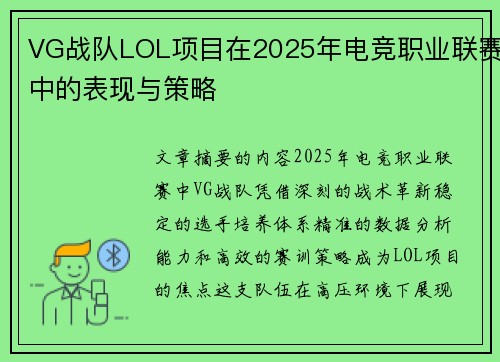 VG战队LOL项目在2025年电竞职业联赛中的表现与策略